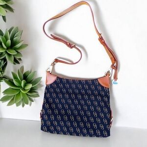 Dooney & Bourke Blue & Tan Monogram Canvas & Leather Shoulder Bag EUC